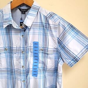 Eddie Bauer Woman’s L Blue Plaid Short Sleeve Shirt Moisture Wicking‎ UPF 50 NWT